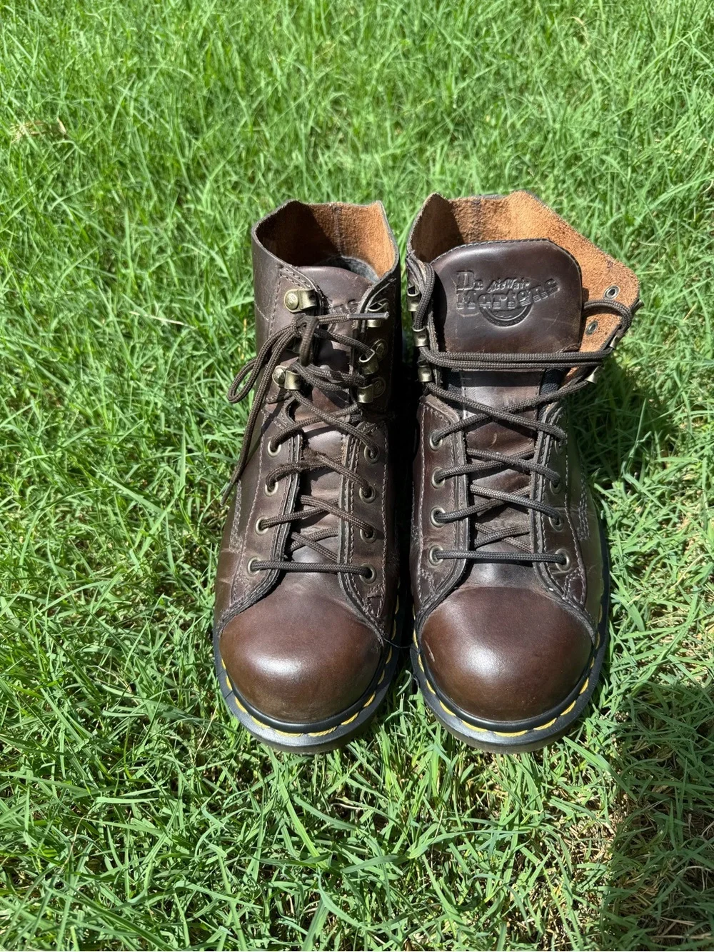 Dr. Martens Brown Leather Lace-Up Work Boots with Yellow Welt Stitching